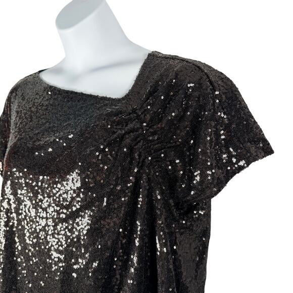 DG2 Diane Gilman Top 1X Black Sequin Cotton Modal Party Formal Asymmetric V-neck - Picture 3 of 11